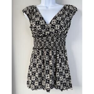 VTG 90s Y2K Max Studio Babydoll Top Womens S Black Ivory Mesh Knit Smocked Retro